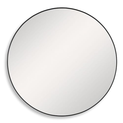 LightingWorld 34" Round Wall Mirror in Satin Black Aluminum Frame