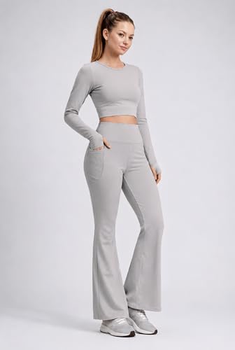 Image of PINAAK FASHION Women's Yoga Co-Ord Set | Full Sleeve Crop Top & Flared High Waist Yoga Pants with Pocket | Thumb Hole Sleeves | Bell Bottom Gym Wear Activewear Tracksuit for Workout, Running & Lounge