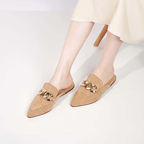 Bison Spirit Mules For Women Flats Pointed Toe Slip On Slides Loafer Shoes (Metal Chain-Brown Suede,8) #TOP5
