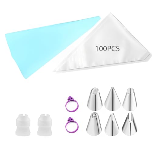 GGUFAY Manga Pastelera Profesional - 100 Mangas Desechables 30x20CM + 6 Boquillas + 2 Acopladores + 2 Ligas de Silicona, Bolsa de Repostería Grande para Decorar Pasteles, Galletas y Cupcakes