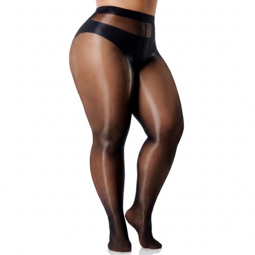 GIFTPIXIE Shiny Tights for Women Plus Size Black Sheer Ultra Shimmery Pantyhose Sexy Oil Glossy Stockings Nylon Black XL-2XL