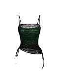 SOLY HUX Women's Ruched Lace Cami Top Drawstring Sleeveless Clubwear Sexy Gothic Tops Black and Green Medium