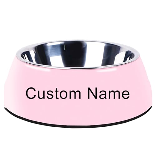 JMIPET Personalized Stainless Steel Dog & Cat Food/Water Bowls – Custom Pet Name, Non-Slip, Easy Clean Feeding Dishes with Separate Plates(Pink)