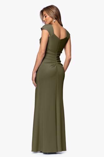 Image of Xscape Women's Long Bodycon Formal Evening Gown with Cap Sleeves, Asymmetrical Neckline, Ruched Bodice and Front Slit