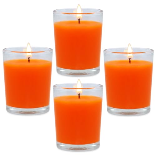 4 packs unscented orange votive candles in glass 2 inch natural soy wax scentless fall harvest autumn candles for halloween thanksgiving wedding party home holiday relaxation 12-15 hour burning time