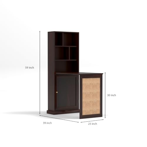 Image of Sheesham Wood Foldable Study Table with Bookshelf & Storage Cabinet | Cane Panel Writing Desk (Walnut Finish)