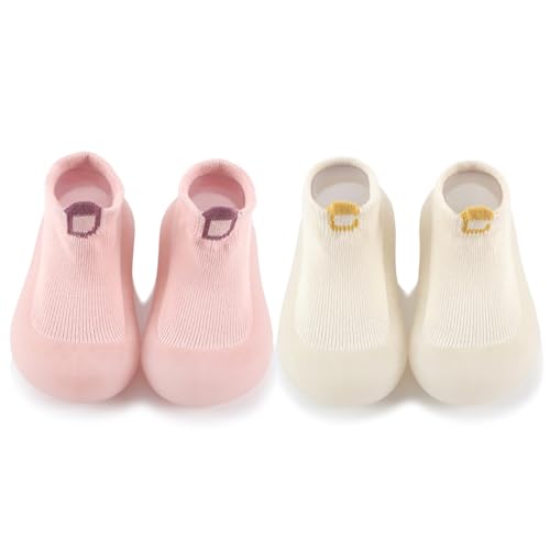 FABRST 2 Pairs Baby Sock Shoes Boys Girls Non Slip Soft Rubber Sole Slippers Toddler First Walking Shoes Infant Babys Slip-on Sneakers(Pink White Letter, 2-3Years)