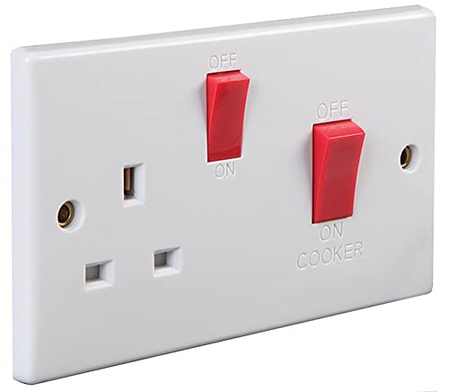 PRO ELEC 45A Cooker Control Unit with 13A Socket, 1-Gang, Rounded Edge, White Moulded, BS4177/BS1363 Compliant - PEL01402