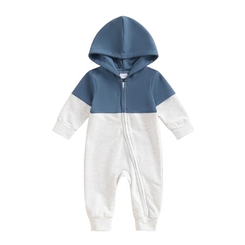 Image of BemeyourBBs Newborn Baby Boy Clothes Color Block Long Sleeve Zipper Hooded Romper with Pocket Fall Winter One Piece Outfits