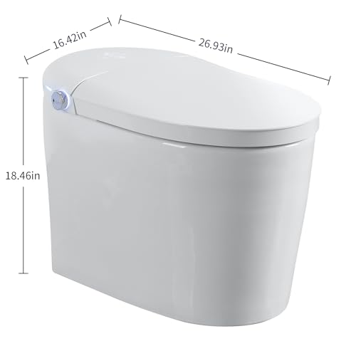 Inodoro inteligente de una pieza sin tanque con bidé integrado, descarga automática, apertura y cierre automáticos, asiento calefactado, lavado con burbujas, agua tibia y secado, temperatura ajustable, control remoto y botón lateral miniatura 2