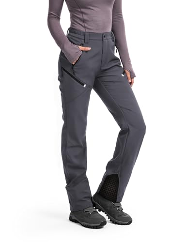 Image of Moosehill Women's Hiking Pants Winter: 5 Zipper Pockets Water Resistant | Fleece Lined 4-Way-Stretch Insulated Softshell with Elastic Waistband for Outdoor Ski and Snowboard