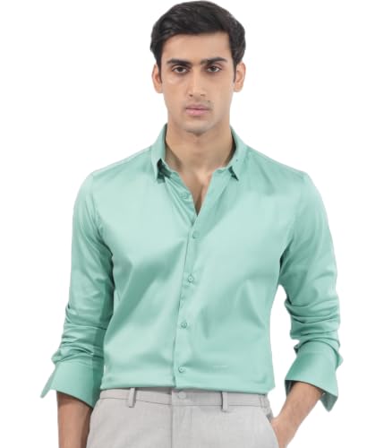 Image of Rare Rabbit Men Regular Fit Solid Beige Satin Long Sleeve Button Shirt