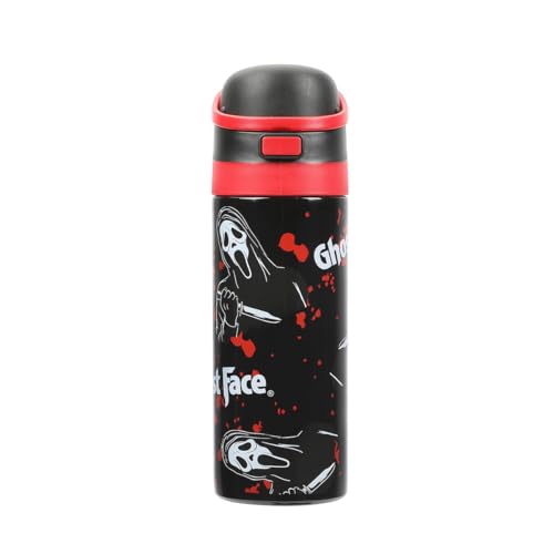 Image of Ghostface Mask & Blood Splatter All-Over Print Black 24 Oz Stainless Steel Water Bottle