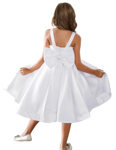 MCieloLuna Glossy Satin Flower Girl Midi Dresses Elegant First Communion Dress for Girls O Neck Dance Party Gown