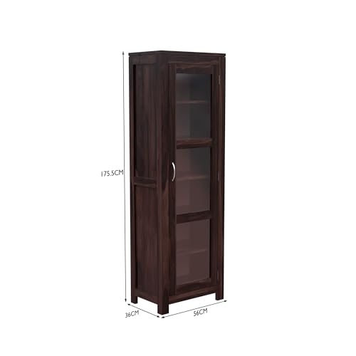 Image of Krishna Wood Decor Solid Sheesham Wooden Crockery Cabinet with Six Shelves | Display Cabinet with Acrylic Glass Door | Wooden Bookcase | Storage Rack for Living Room & Home | Walnut Finish