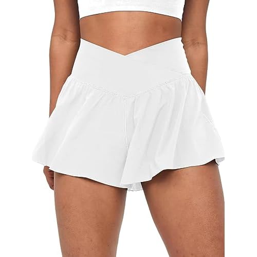 Crossover Flowy Shorts for Women 2 in 1 Athletic Butterfly Running Shorts Tennis Gym Workout Skort with Pocket XX-Large White