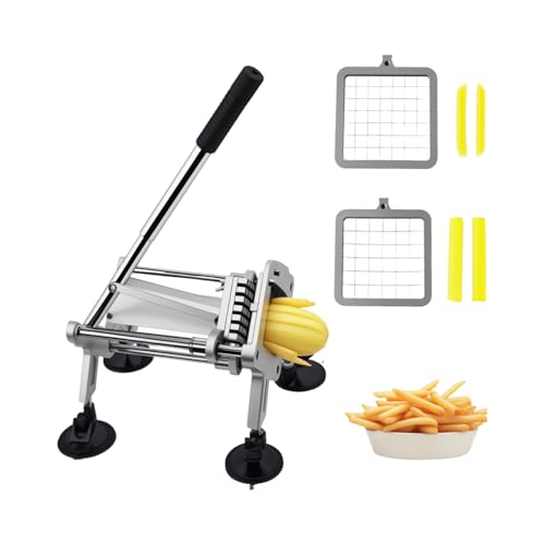 French Fry Cutter, Professional Potato Cutter Slicer with 1/2 &3/8In Stainless Steel Blades, Upgraded Suction Cups for Whole Potatoes Carrots Cucumbers