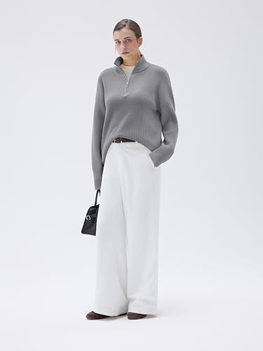 Image of SUUKSESS Women Cashmere Blend Oversized Quarter Zip Pullover Sweater Long Sleeve Collared Ribbed Knit Jumper Tops
