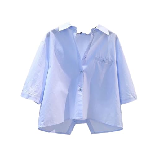 Blusa casual de manga corta para mujer, color liso, cuello abatible, un solo botón, camisas casuales, azul, M