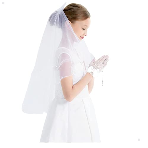 Girls First Communion Veil with Bow Holy White Rhinestone Lace Bow Communion Headband Vail Flower Girl Bow Wedding Kids Veils