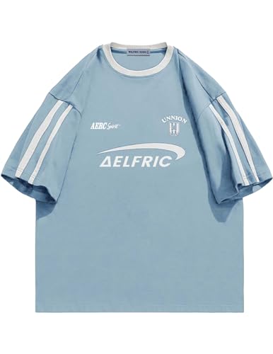 Aelfric Eden Graphic Tees Y2k Women Oversized T Shirts Striped Patchwork Crewneck Unisex Streetwear Tops