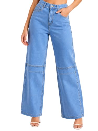 Image of GRECIILOOKS High Waist Jeans for Women - Wide Leg Straight Fit Denim | Baggy Cargo Style Casual Pants for Girls & Daily College Wear
