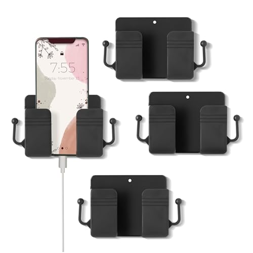 Image of Pack of 4 Wall Mount Self-Adhesive Wall Storage Mobile Holder | Mobile Phone Charging Bracket | Multipurpose Organizer Wall Mount Holder for Remotes,Phone (Black)