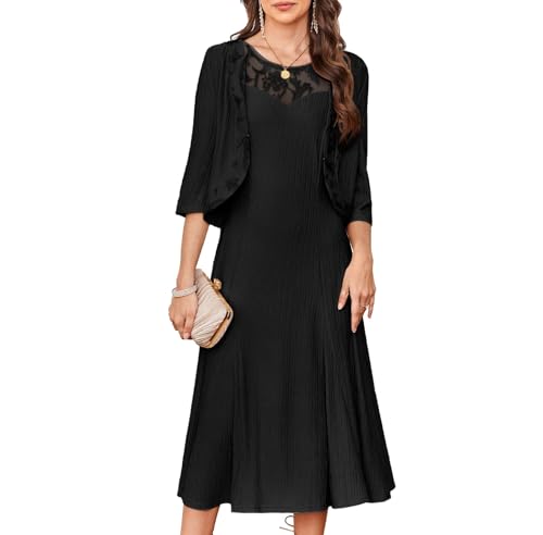 Women’s 2 Pieces Mother of The Bride Dresses Tea Length Evening Party Formal Dress Black S