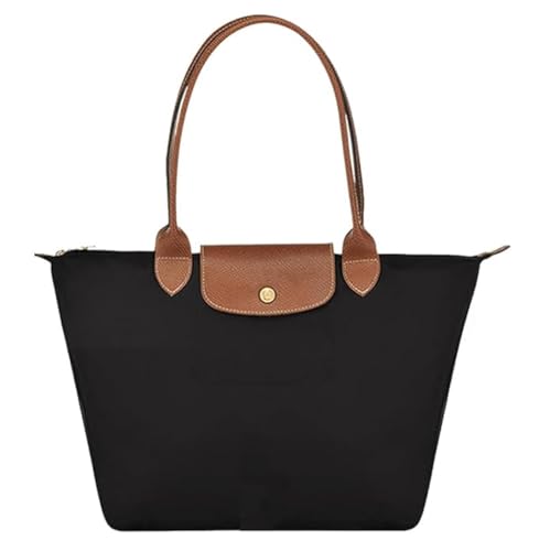 BananaHome Women Shoulder Tote Bag Stylish Waterproof Nylon Ladies Shoulder Bag Nylon Top-Handle Purse Zipper Foldable Handbag Folding Beach Travel Bag for Work Shopping Travel (BlackL52x20x32cm)