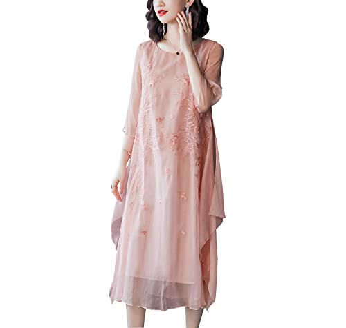 BiilyLi Sommerkleid Damen Vintage Elegant Seide Bestickte 1/2 Ärmel Rundhalsausschnitt Lang Freizeitkleid Partei Ball Cocktail Kleid Pink XXL Cover