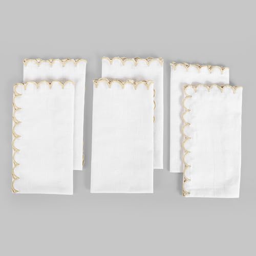Image of FINGERCRAFT Scallop Edge Cloth Napkins | Set of 6 | 20x20 Inches | 100% Cotton | Table Napkins for Any Occasion | Washable, Perfect for Parties and Everyday Use (White Slub, Set of 6)