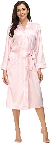 Kiddom Women Pajamas Silky Satin Robe Bathrobe Spa Loungewear Long Sleepwear with Pockets