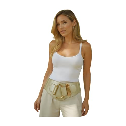 TFJ Women Wide Faux Leather Western Fashion Metallic Beige Light