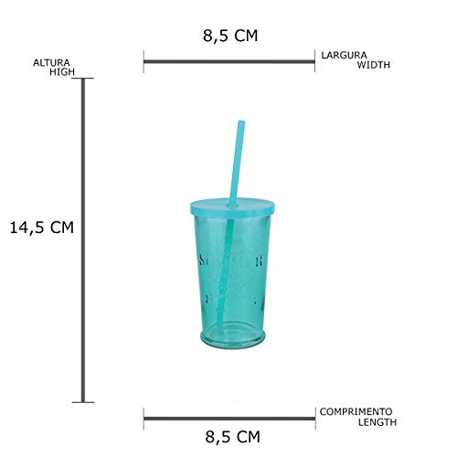Copo de Vidro com Canudo Urban Azul 8.5x8.5x14.5 cm