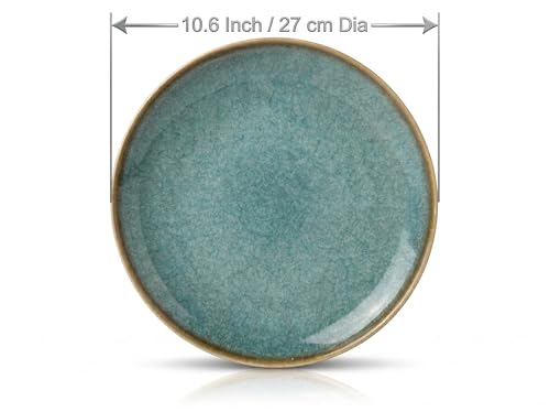 Image of Freakway Handcrafted Stoneware Ceramic Dinner Plates, Teal Reactive Glaze, 10-Inch, Microwave & Dishwasher Safe, Set of 4