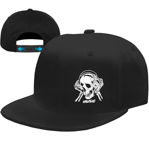 Flat Bill Hats for Men Snapback Hats for Men Skull Hat Music Skeleton Black Baseball Caps for Mens Fitted Cool Hip Hop Hat Workout Trucker Hats for Mens Teen Boys Skateboard Accessories Gift