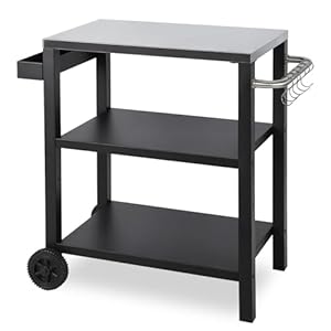 Peviasot Grillbeistelltisch | Outdoor-Grilltisch mit Verstellbarer Ablage, Gewürzregal und 6X Haken, mobiler Grillwagen mit 2 Rollen, Küchenwagen für Grill und Pizza, 84x67x41cm