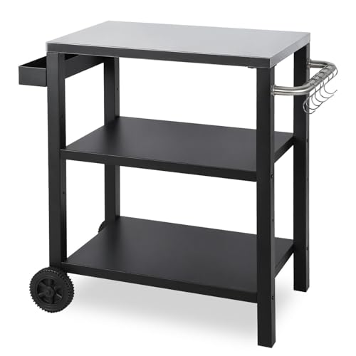 Peviasot Grillbeistelltisch | Outdoor-Grilltisch mit Verstellbarer Ablage Gewürzregal und 6X Haken mobiler Grillwagen mit 2 Rollen Küchenwagen für Grill und Pizza 84x67x41cm