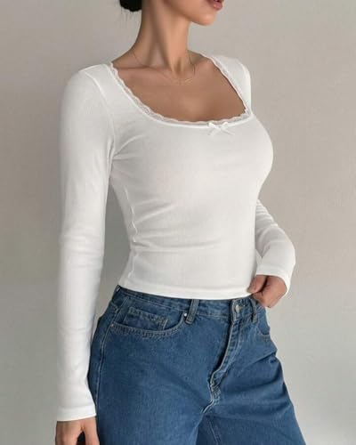 Image of Women Round Deep Neck Lace Crop Top, Full Sleeve, Korean Style, Slim Fit, Stretchable, for Party