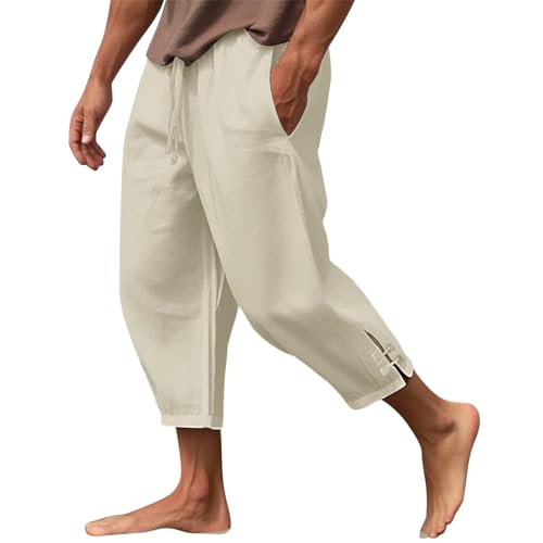 Khaki Plus Size Cropped Pants Men Casual Elastic Waist Drawstring Pants Linen Crop Pant with Pockets Loose Ankle Linen Trousers Travel Beach Boho Summer Pant Capri Yoga Trousers Hippie Harem Outfits