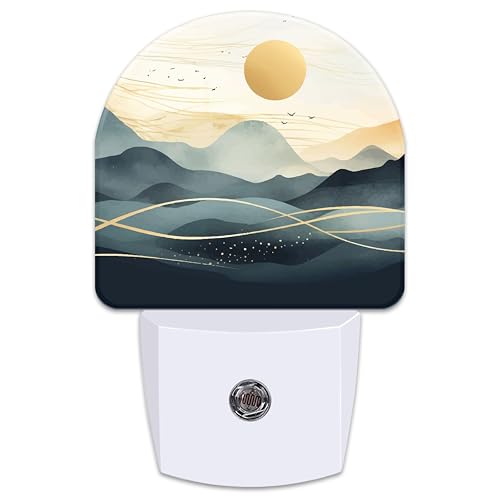 Image of Golden Sun and Mountains Night Light for Kids,Watercolor Sunrise Sunset Mountain Plug in Night Light with Dusk to Dawn Sensor, 0.5w Energy Saving Nightlight for Hallway Stairway Kitchen Bedroom