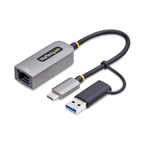 Image of StarTech USB-C to GbE Ethernet Adapter, 10 /100 /1000Mbps, USB-A Dongle | USB GbE Adapter, 6in /15cm Attached Cable, Status LEDs, C21GA-USB-ETHERNET