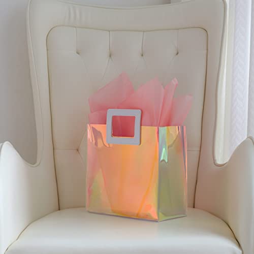 VUOJUR-83-Holographic-Small-Gift-Bag-with-Tissue-Paper-Reusable-Birthday-Gift-Bag-for-Girls-Women-Iridescent-Bachelorette-Wedding-Bridal-Bridesmaid-Tote-Gift-Bag-Pack-of-1-S-Glossy-Coral