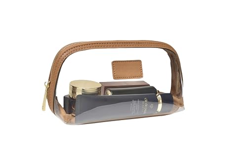 CONLINGDA clear makeup bag,leather makeup case,travel toiletry bag,portable cosmetic bag,transparent waterproof cosmetic organizer storage bag (Brown, Small)