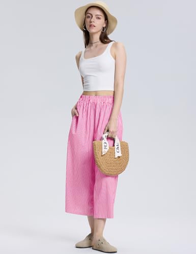 Image of LOMON Womens Wide Leg Capri Pants Gingham Plaid Culottes Summer Elastic Waist Palazzo Trousers Bottoms with Pockets