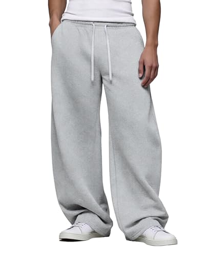 FEDTOSING Mens Baggy Joggers Open Hem Wide Leg Elastic Waist Drawstring Sweatpants Cotton Casual Track Bottoms with Pockets Light Grey