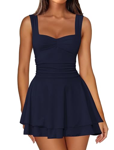 Image of IWD Women's Square Neck Sleeveless Mini Dress Ruched Waist Tiered Ruffle Hem A Line Short Dresses