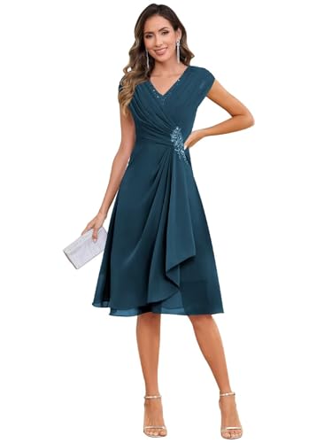 Short Mother of The Bride Dresses for Women Chiffon Ruffle Cap Sleeve Formal Wedding Guest Dress