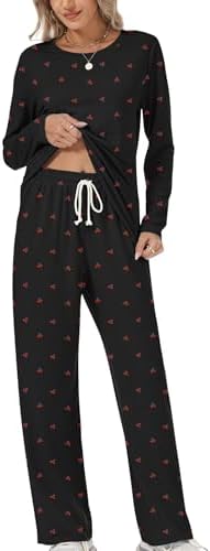 Rapbin Schlafanzug Damen Lang Pyjama Set Nachtwäsche Loungewear mit Taschen | Zweiteiliger Schlafanzüge für Damen Nachtwäsche Langarm Oberteile und Schlafhose mit Taschen Loungewea