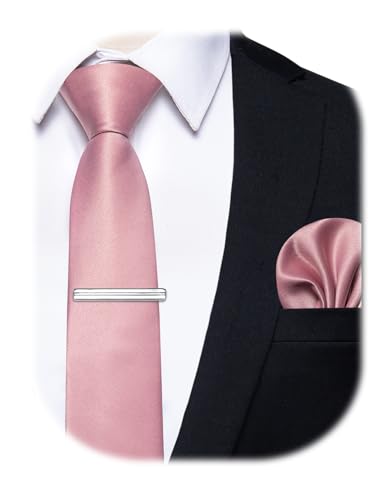 Image of YourTies Skinny Ties for Men Satin 2.4 inch Slim Necktie with Pocket Square Tie Clip Set Solid Color Wedding Party Business